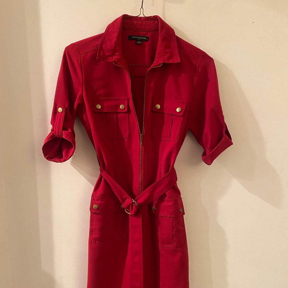 Sharagano Red Short Sleeve Zip up Dress